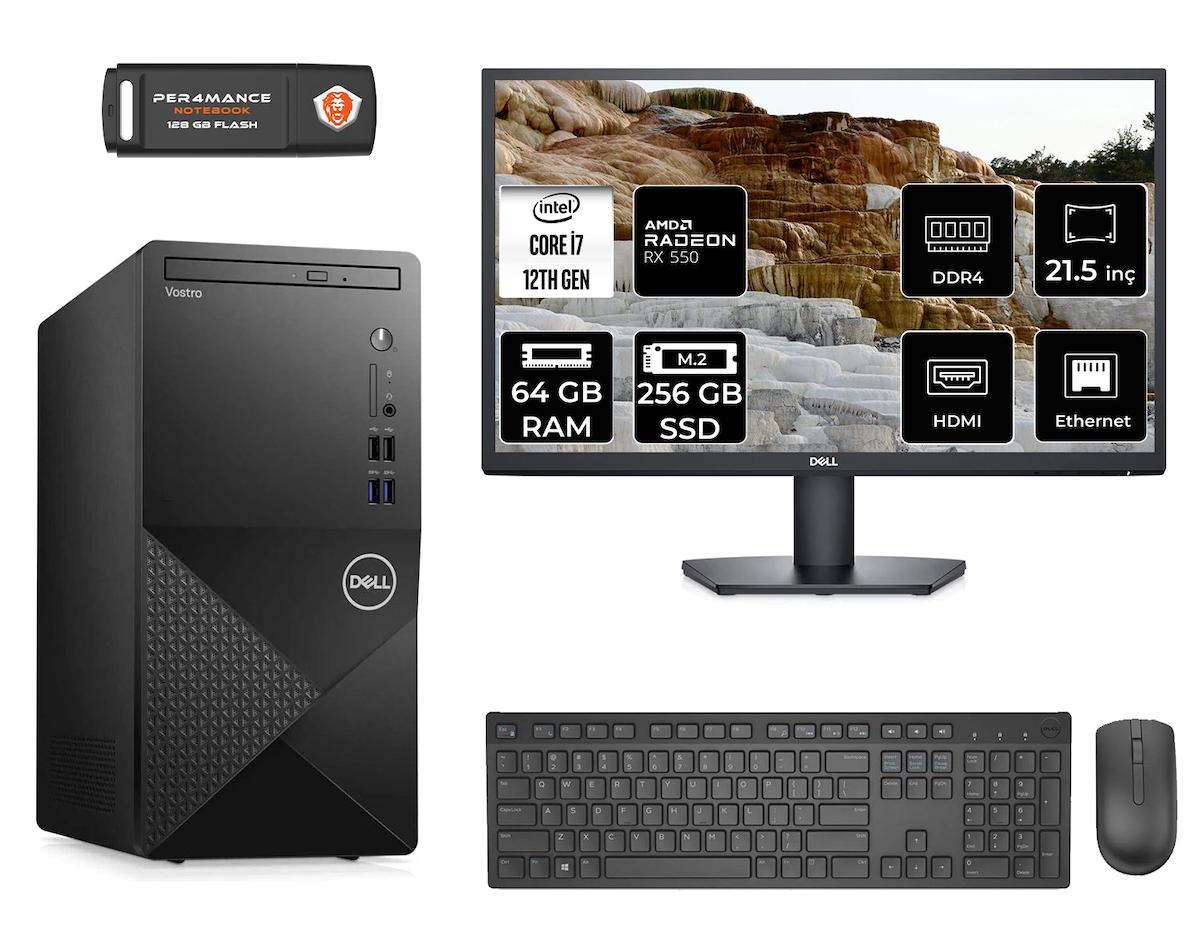 Dell Vostro 3910 MN753910D196 Harici Radeon RX 550 Intel Core i7 12700 64 GB Ram 256 GB SSD Tower FreeDos 21.5 inç Monitörlü Masaüstü Oyuncu Bilgisayarı