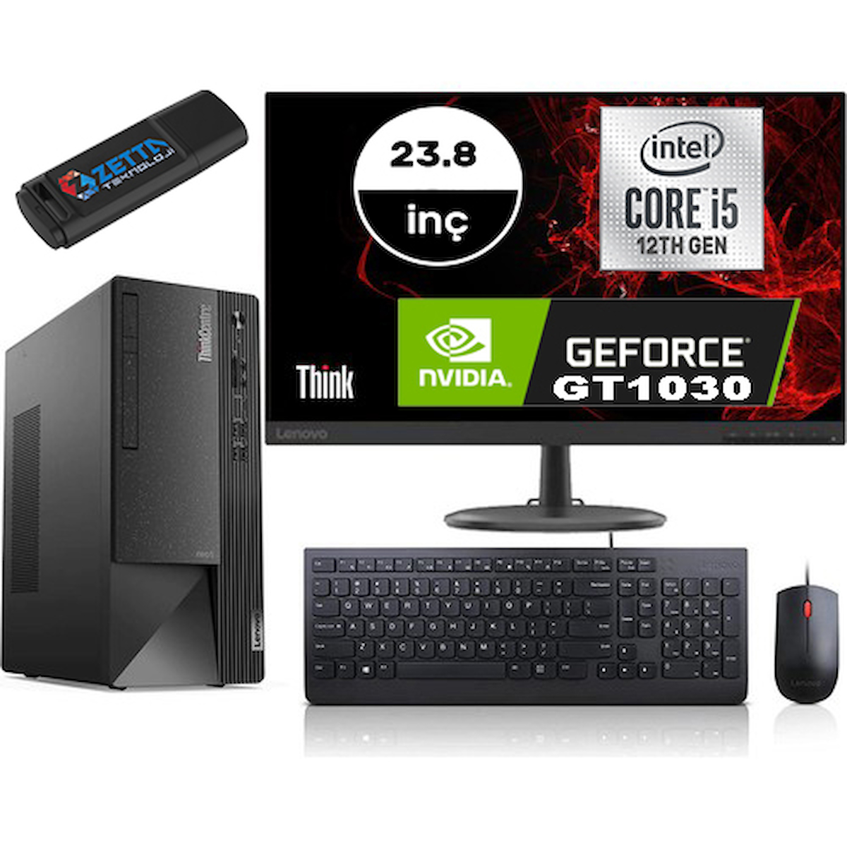 Lenovo Thinkcentre Neo 50T Gen 4 12JB005DTRMG117 Harici GeForce GT 1030 Intel Core i5 12400 64 GB Ram 512 GB SSD Tower FreeDos 23.8 inç Monitörlü Masaüstü Oyuncu Bilgisayarı + Zetta Flash Bellek