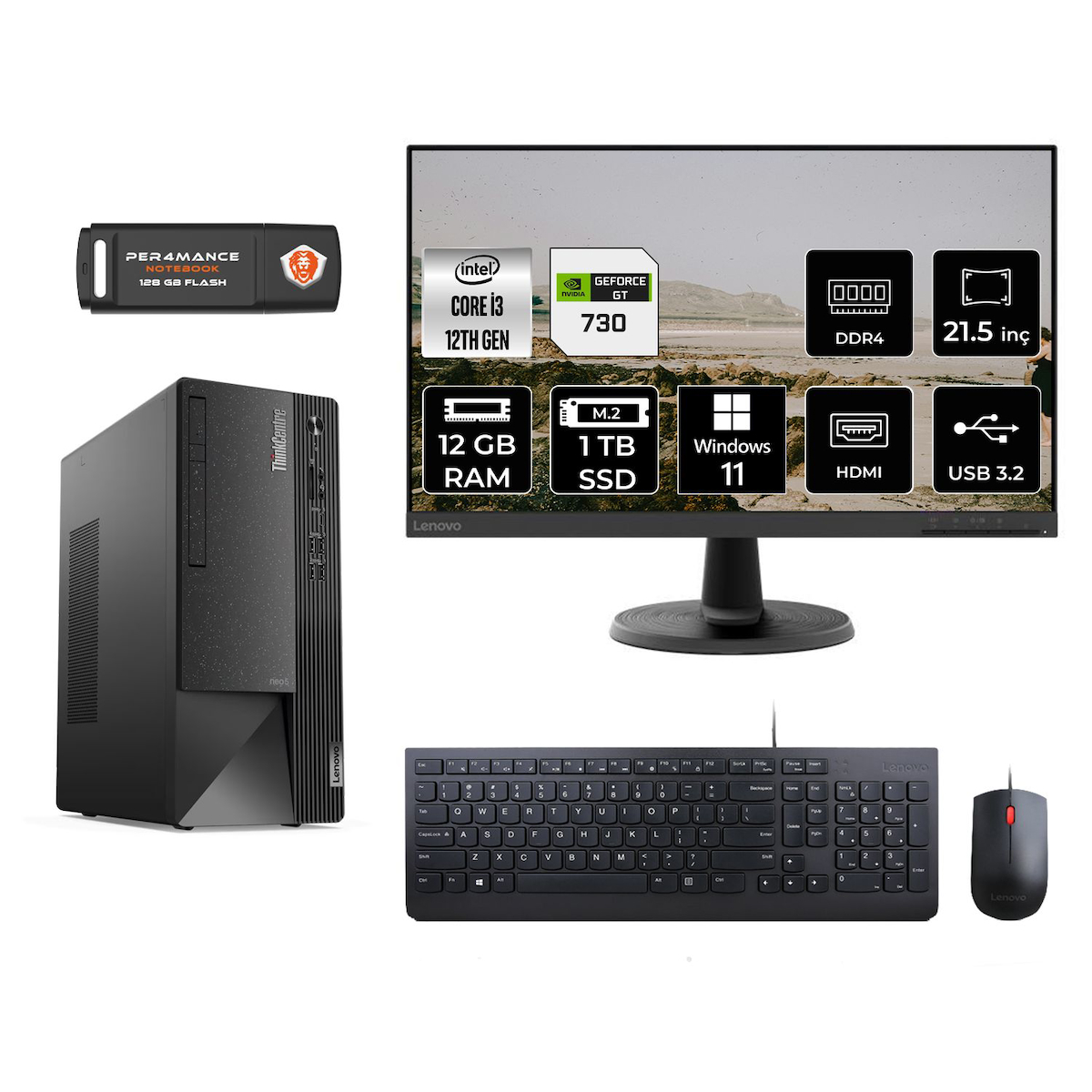 Lenovo Thinkcentre Neo 50T M01ATXD408 Harici GeForce GT 730 Intel Core i3 12100 12 GB Ram 1 TB SSD Tower Windows 11 Pro 21.5 inç Monitörlü Masaüstü Oyuncu Bilgisayarı