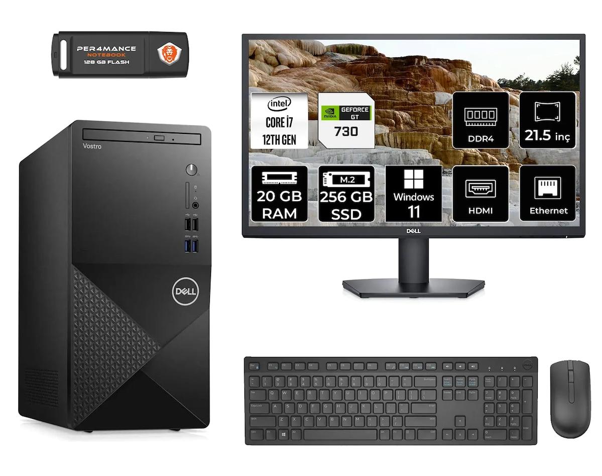 Dell Vostro 3910 MN753910D416 Harici GeForce GT 730 Intel Core i7 12700 20 GB Ram 256 GB SSD Tower Windows 11 Pro 21.5 inç Monitörlü Masaüstü Oyuncu Bilgisayarı