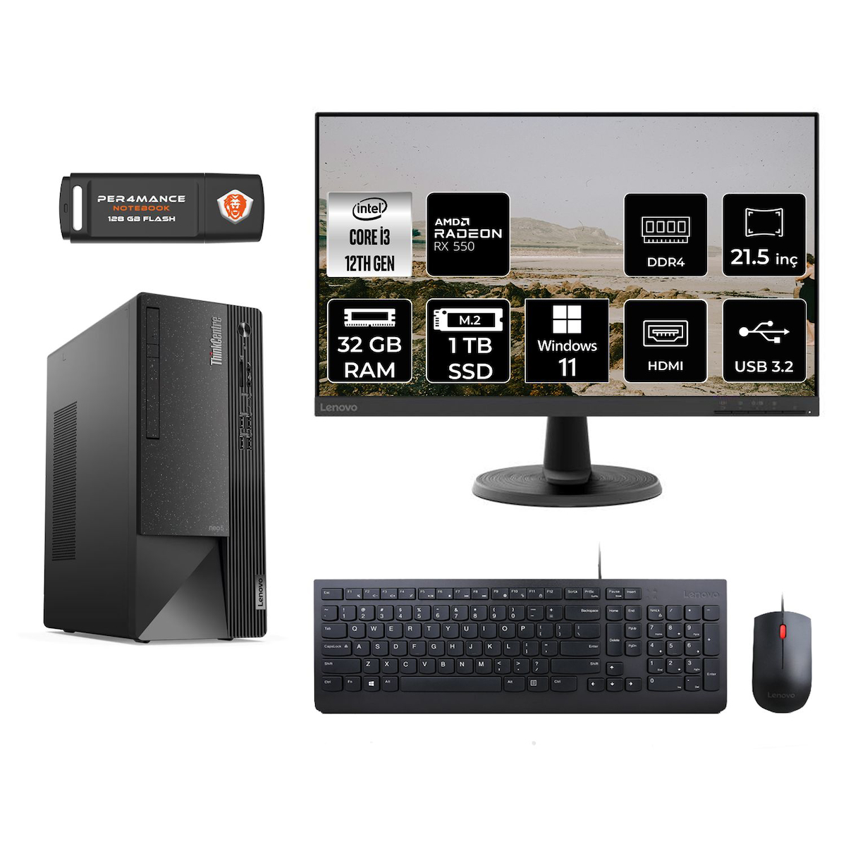 Lenovo Thinkcentre Neo 50T M01ATXD278 Harici Radeon RX 550 Intel Core i3 12100 32 GB Ram 1 TB SSD Tower Windows 11 Pro 21.5 inç Monitörlü Masaüstü Oyuncu Bilgisayarı