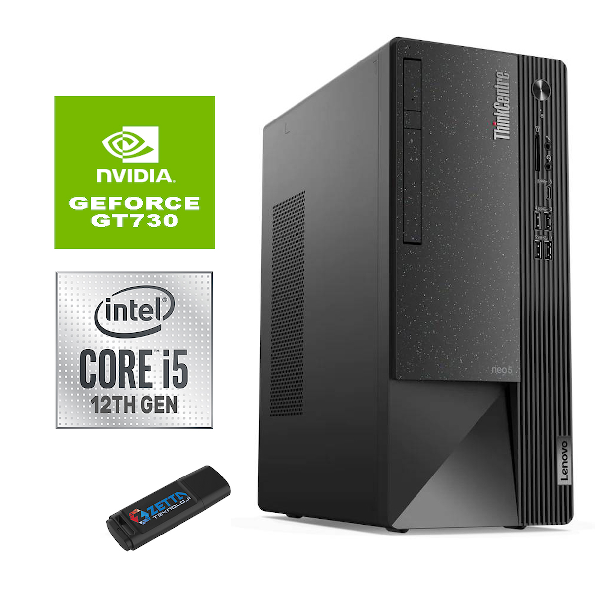 Lenovo Thinkcentre Neo 50T Gen 4 12JB005DTRG759 Harici GeForce GT 730 Intel Core i5 12400 64 GB Ram 2 TB SSD Tower Windows 11 Pro Masaüstü Oyuncu Bilgisayarı + Zetta Flash Bellek