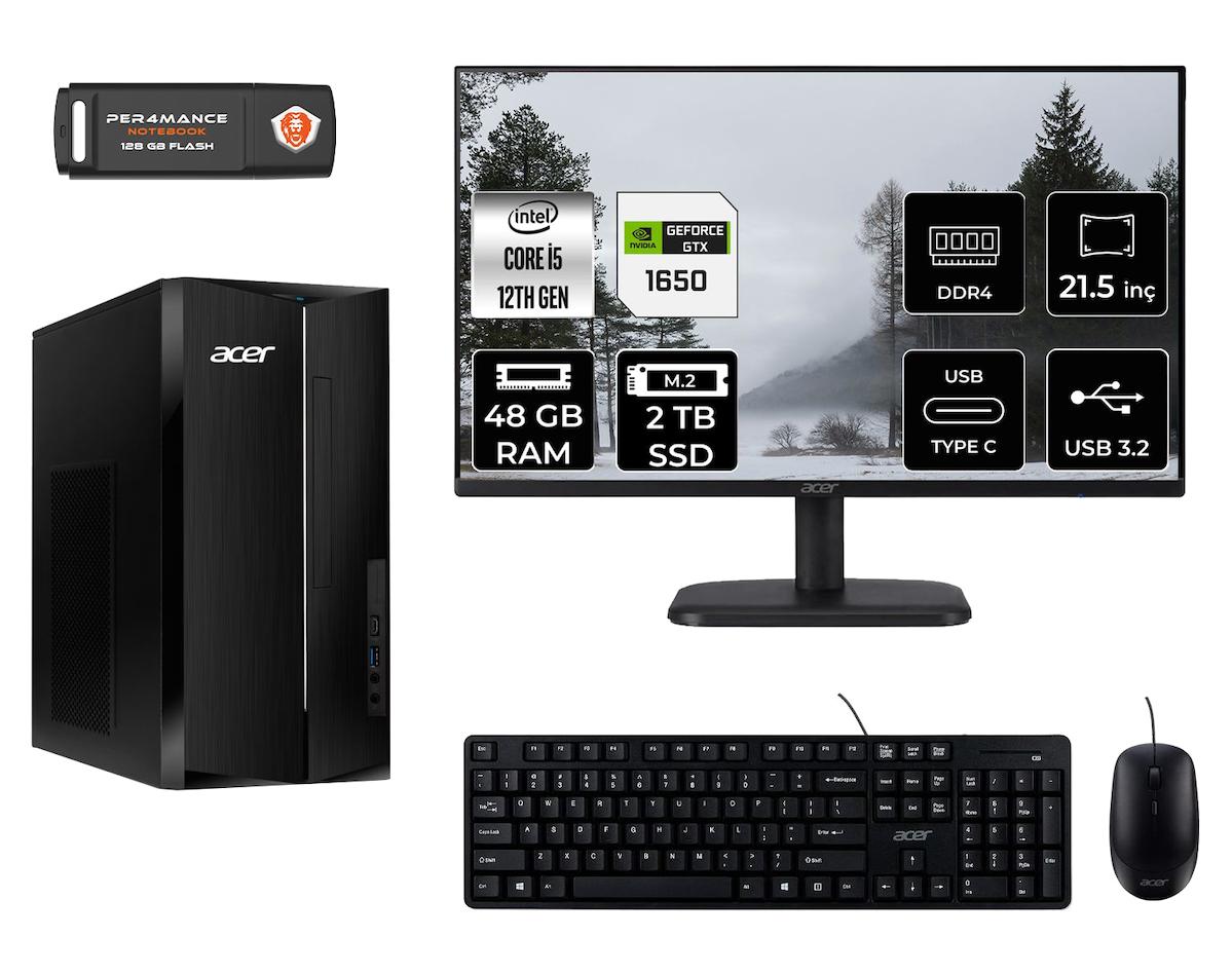 Acer Aspire TC1760 MDT005D644 Harici GeForce GTX 1650 Intel Core i5 12400 48 GB Ram 2 TB SSD Tower FreeDos 21.5 inç Monitörlü Masaüstü Oyuncu Bilgisayarı