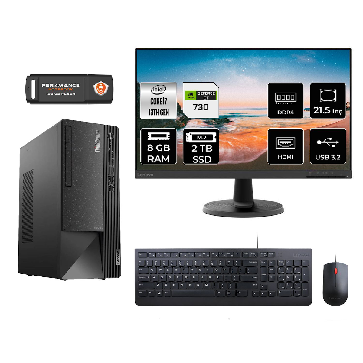 Lenovo Thinkcentre Neo 50T M08TRD304 Harici GeForce GT 730 Intel Core i7 13700 8 GB Ram 2 TB SSD Tower FreeDos 21.5 inç Monitörlü Masaüstü Oyuncu Bilgisayarı