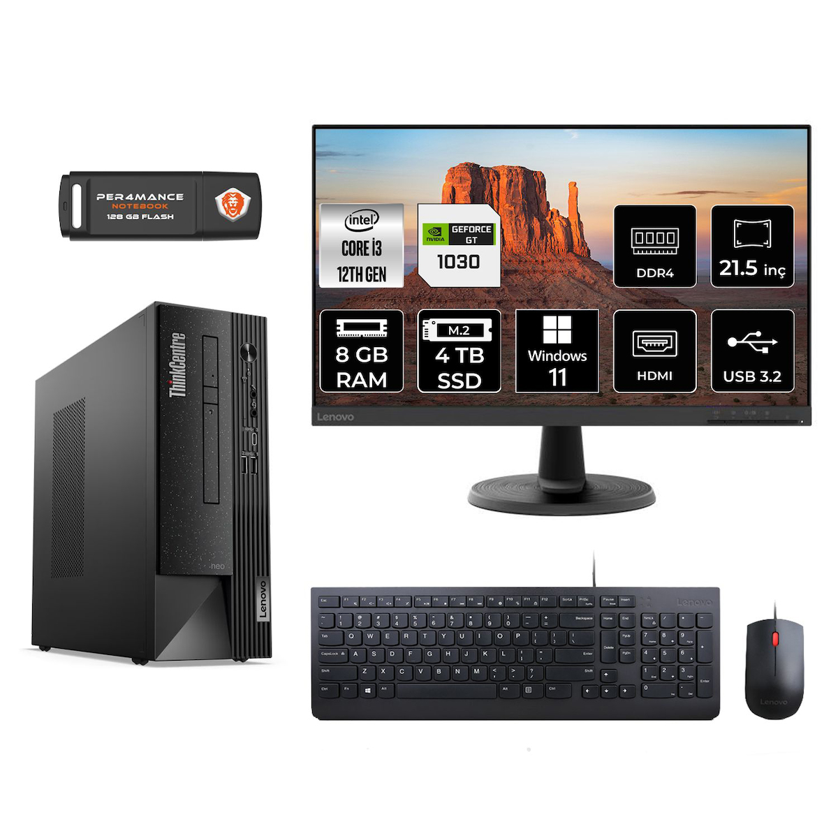 Lenovo Thinkcentre Neo 50S M02VTXD555 Harici GeForce GT 1030 Intel Core i3 12100 8 GB Ram 4 TB SSD Tower Windows 11 Pro 21.5 inç Monitörlü Masaüstü Oyuncu Bilgisayarı