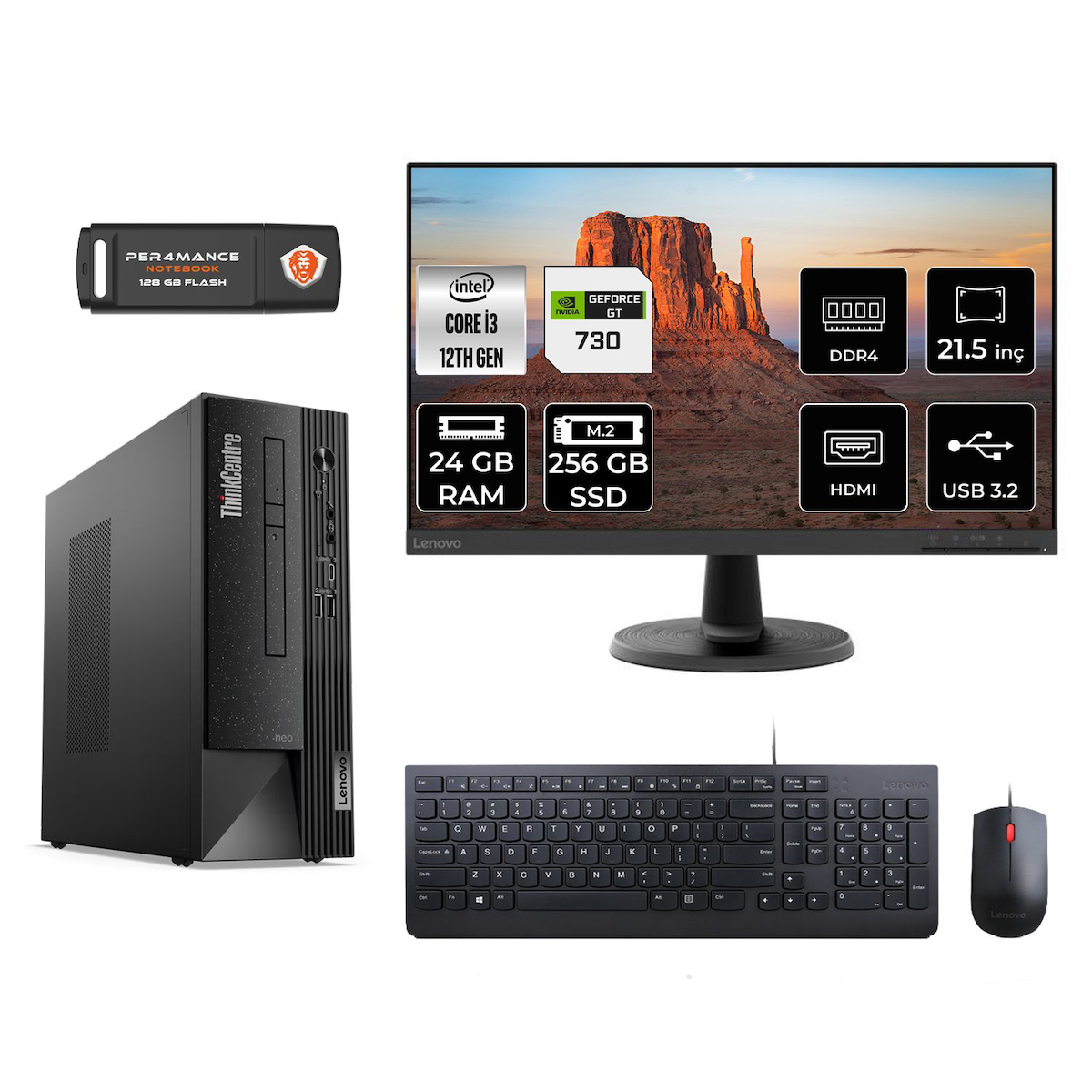 Lenovo Thinkcentre Neo 50S M02VTXD321 Harici GeForce GT 730 Intel Core i3 12100 24 GB Ram 256 GB SSD Tower FreeDos 21.5 inç Monitörlü Masaüstü Oyuncu Bilgisayarı