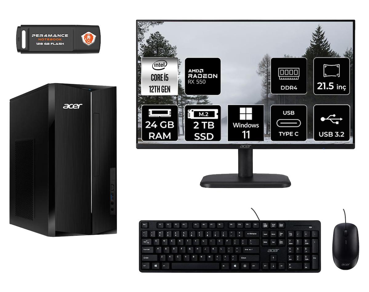 Acer Aspire TC1760 MDT005D224 Harici Radeon RX 550 Intel Core i5 12400 24 GB Ram 2 TB SSD Tower Windows 11 Home 21.5 inç Monitörlü Masaüstü Oyuncu Bilgisayarı