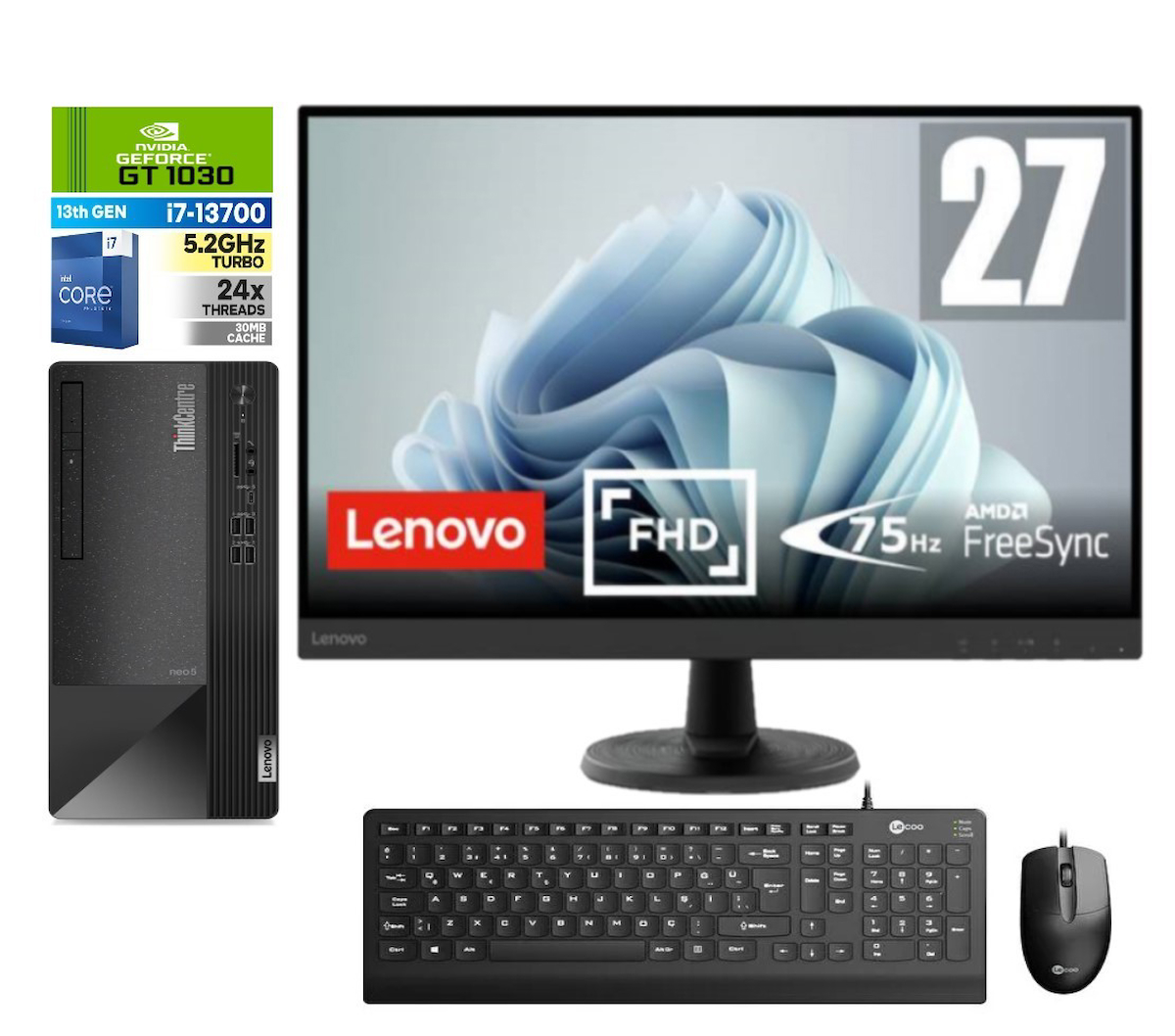 Lenovo Thinkcentre Neo 50T Gen 4 712JB005ATR33 Harici GeForce GT 1030 Intel Core i7 13700 32 GB Ram 1 TB SSD Tower Windows 11 Home 27 inç Monitörlü Masaüstü Oyuncu Bilgisayarı + Zetta Flash Bellek