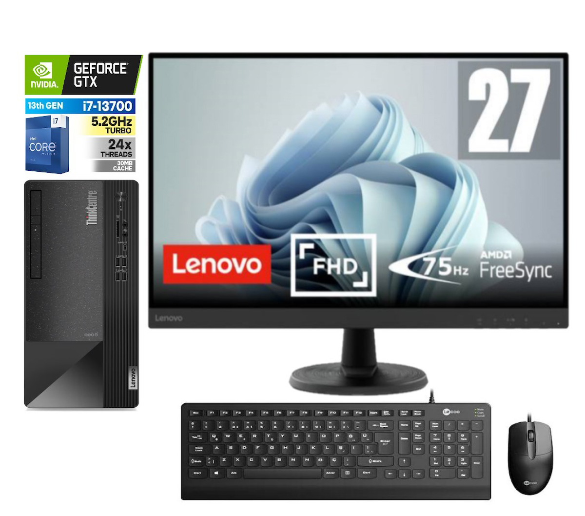 Lenovo Thinkcentre Neo 50T Gen 4 912JB005ATR07 Harici GeForce GTX 1650 Intel Core i7 13700 16 GB Ram 512 GB SSD Tower FreeDos 27 inç Monitörlü Masaüstü Oyuncu Bilgisayarı + Zetta Flash Bellek