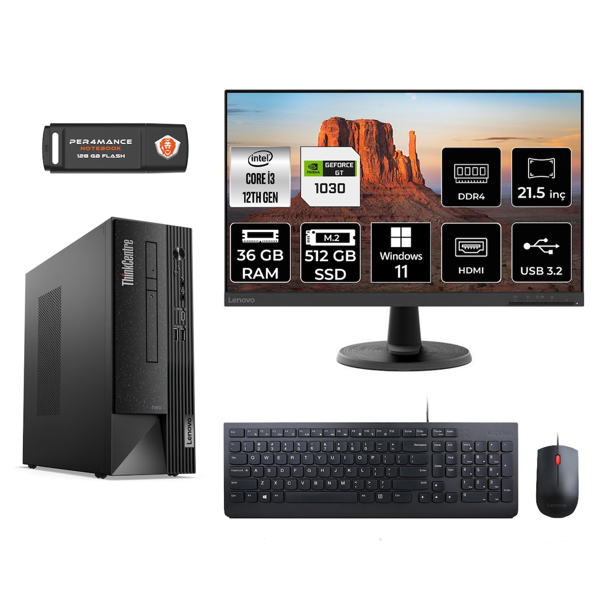 Lenovo Thinkcentre Neo 50S M02VTXD532 Harici GeForce GT 1030 Intel Core i3 12100 36 GB Ram 512 GB SSD Tower Windows 11 Home 21.5 inç Monitörlü Masaüstü Oyuncu Bilgisayarı