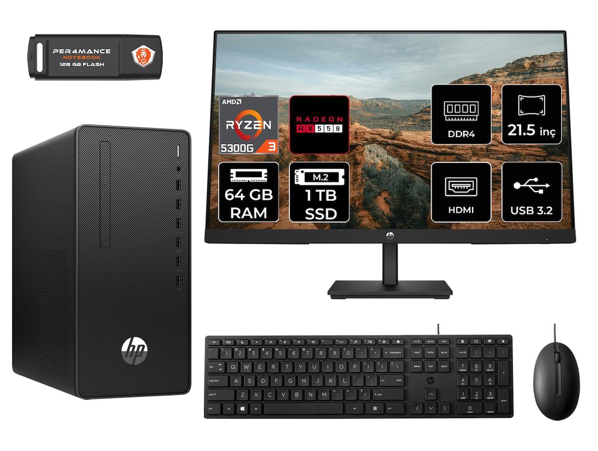 Hp Pro 295 G9 MA13EAD198 Harici Radeon RX 550 AMD Ryzen 3 5300G 64 GB Ram 1 TB SSD Tower FreeDos 21.5 inç Monitörlü Masaüstü Oyuncu Bilgisayarı