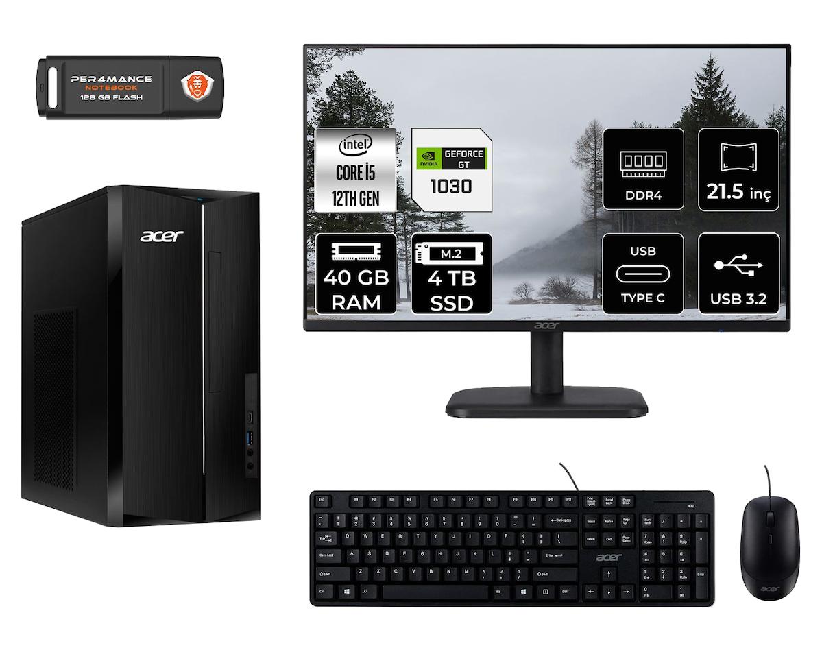 Acer Aspire TC1760 MDT005D490 Harici GeForce GT 1030 Intel Core i5 12400 40 GB Ram 4 TB SSD Tower FreeDos 21.5 inç Monitörlü Masaüstü Oyuncu Bilgisayarı