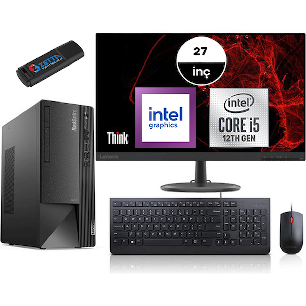 Lenovo Thinkcentre Neo 50T Gen 4 12JB005DTRMM02 Dahili Intel UHD Graphics 730 Intel Core i5 12400 8 GB Ram 512 GB SSD Tower FreeDos 27 inç Monitörlü Masaüstü Bilgisayar + Zetta Flash Bellek