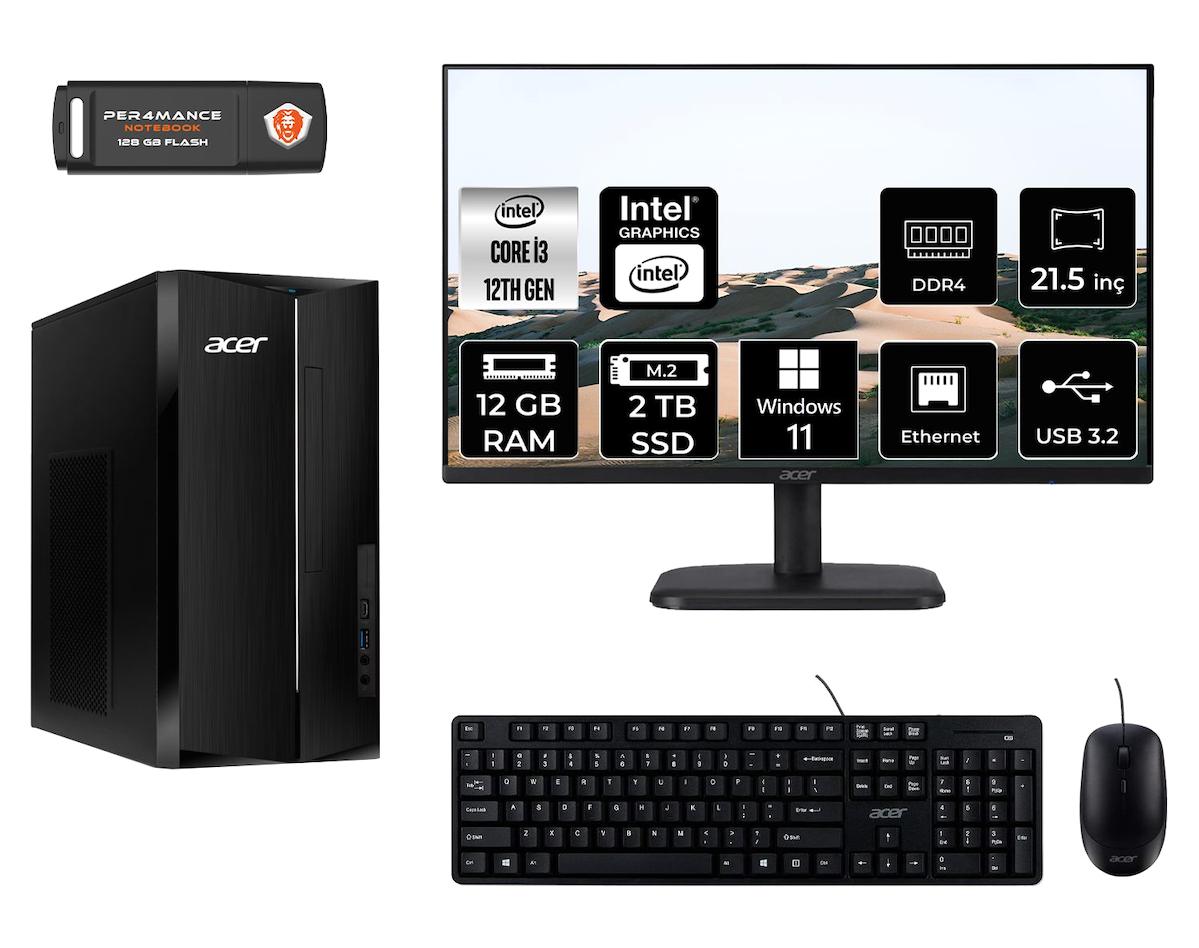 Acer Aspire TC1760 MDT004D109 Dahili Intel UHD Graphics 730 Intel Core i3 12100 12 GB Ram 2 TB SSD Tower Windows 11 Pro 21.5 inç Monitörlü Masaüstü Bilgisayar