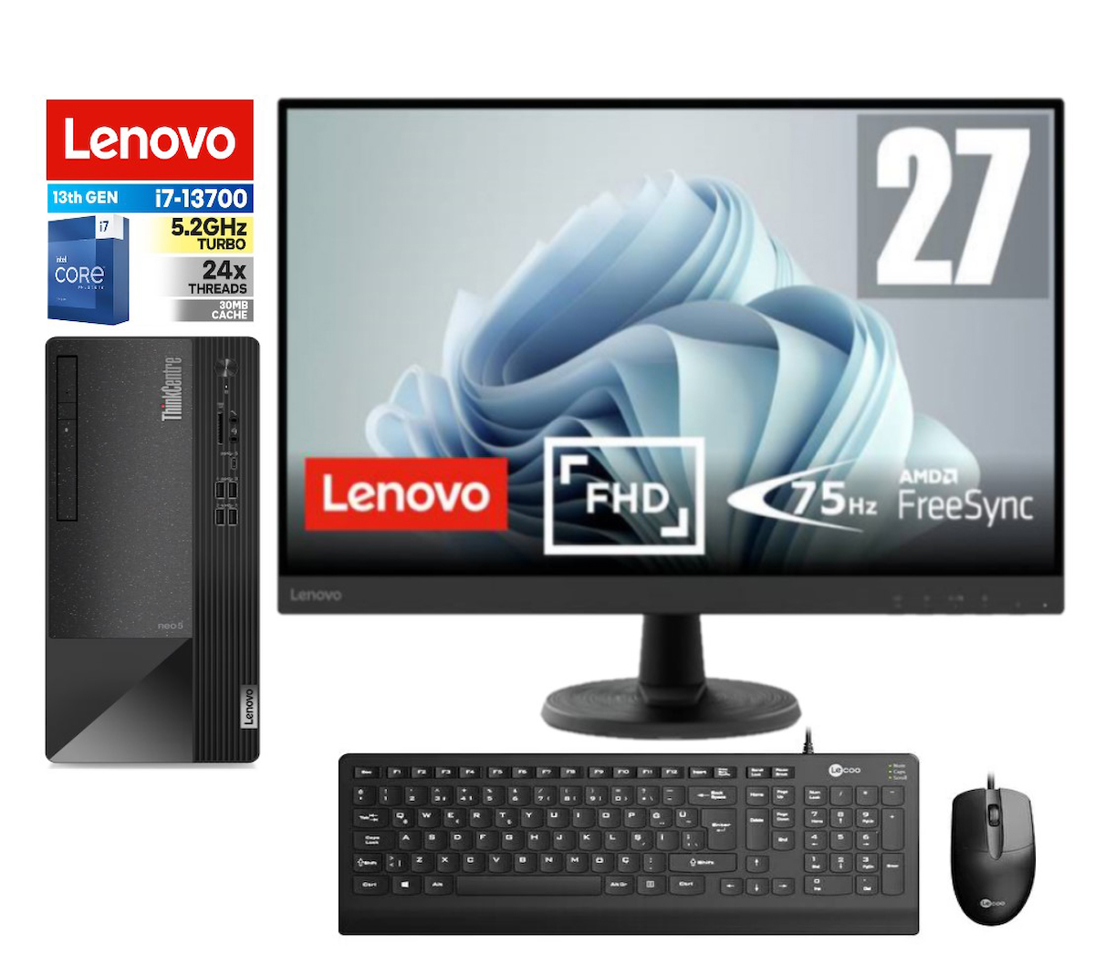 Lenovo Thinkcentre Neo 50T Gen 4 512JB005ATR03 Dahili Intel UHD Graphics 770 Intel Core i7 13700 8 GB Ram 1 TB SSD Tower FreeDos 27 inç Monitörlü Masaüstü Bilgisayar + Zetta Flash Bellek