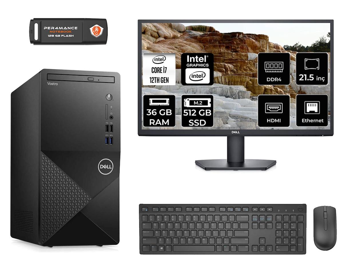 Dell Vostro 3910 MN753910D032 Dahili Intel UHD Graphics 770 Intel Core i7 12700 36 GB Ram 512 GB SSD Tower FreeDos 21.5 inç Monitörlü Masaüstü Bilgisayar