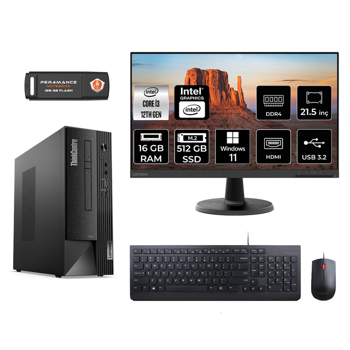 Lenovo Thinkcentre Neo 50S M02VTXD067 Dahili Intel UHD Graphics 730 Intel Core i3 12100 20 GB Ram 512 GB SSD Tower Windows 11 Home 21.5 inç Monitörlü Masaüstü Bilgisayar