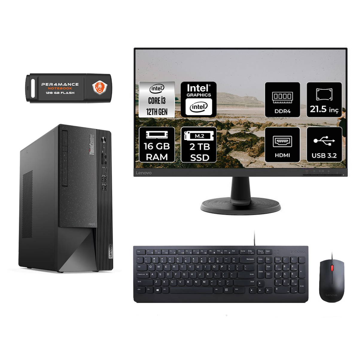 Lenovo Thinkcentre Neo 50T M01ATXD014 Dahili Intel UHD Graphics 730 Intel Core i3 12100 16 GB Ram 2 TB SSD Tower FreeDos 21.5 inç Monitörlü Masaüstü Bilgisayar