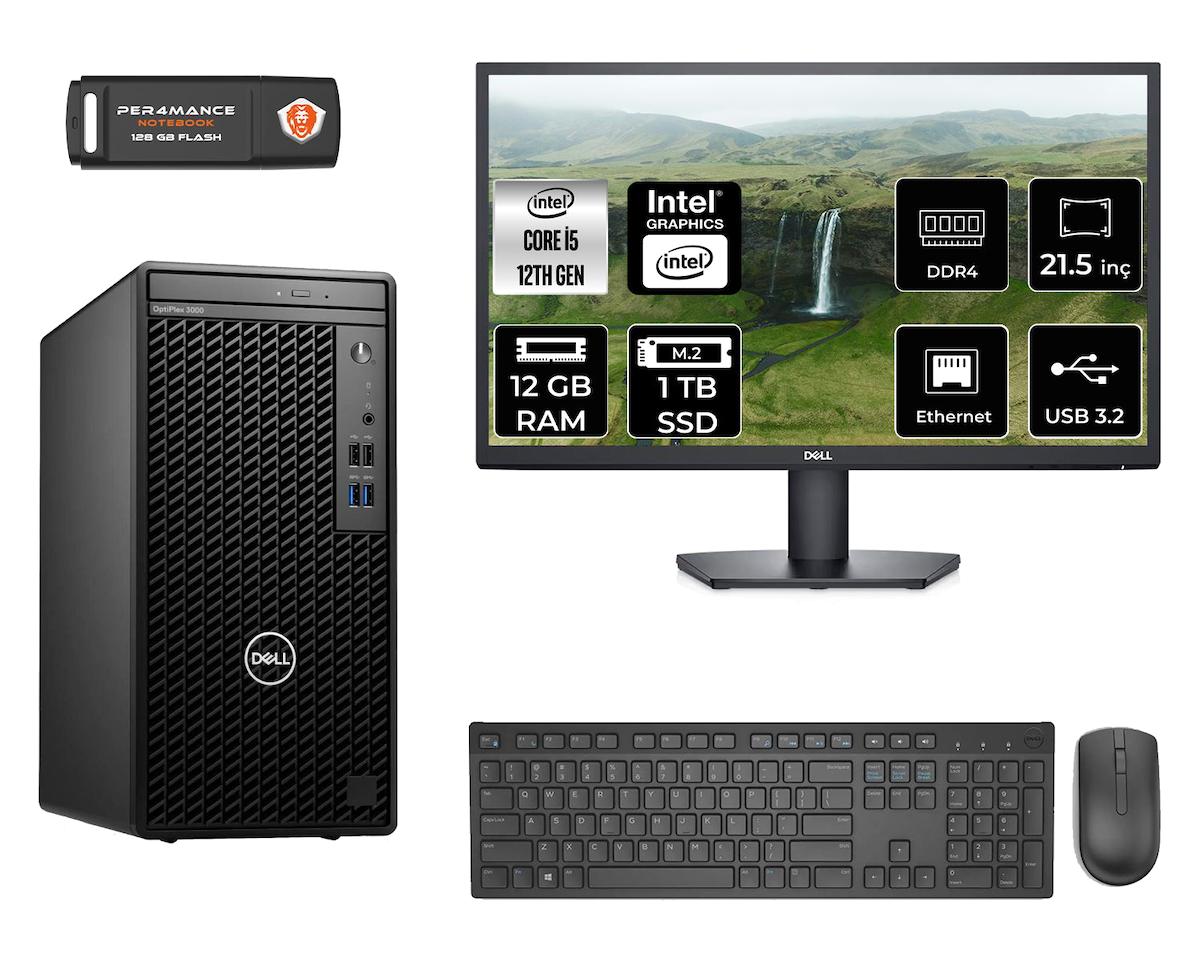 Dell Optiplex 3000 MNO3000D008 Dahili Intel UHD Graphics 770 Intel Core i5 12500 12 GB Ram 1 TB SSD Tower FreeDos 21.5 inç Monitörlü Masaüstü Bilgisayar