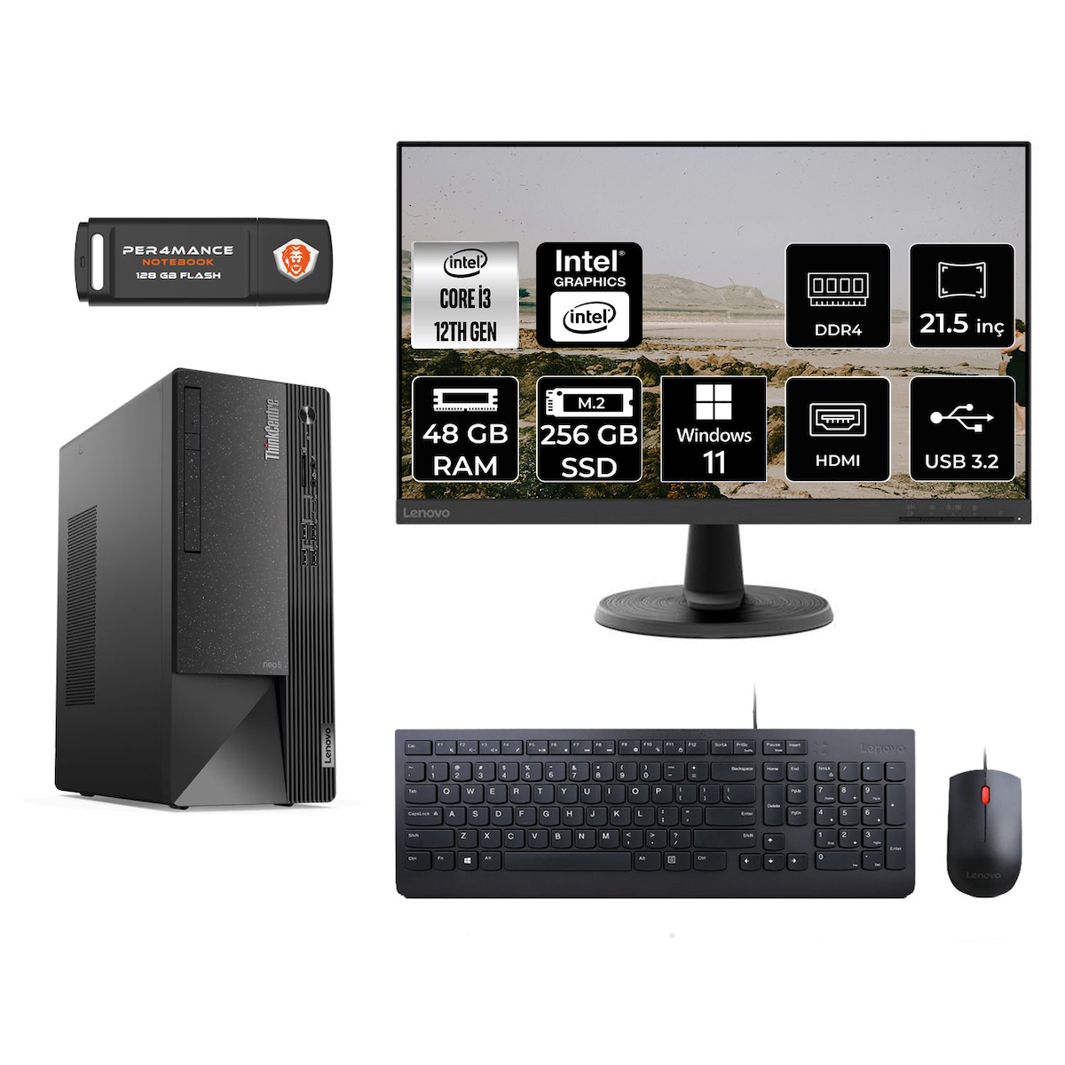 Lenovo Thinkcentre Neo 50T M01ATXD091 Dahili Intel UHD Graphics 730 Intel Core i3 12100 48 GB Ram 256 GB SSD Tower Windows 11 Home 21.5 inç Monitörlü Masaüstü Bilgisayar