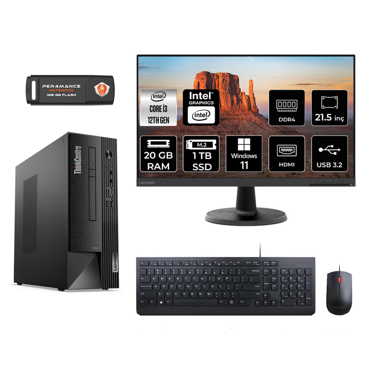 Lenovo Thinkcentre Neo 50S M02VTXD068 Dahili Intel UHD Graphics 730 Intel Core i3 12100 20 GB Ram 1 TB SSD Tower Windows 11 Home 21.5 inç Monitörlü Masaüstü Bilgisayar