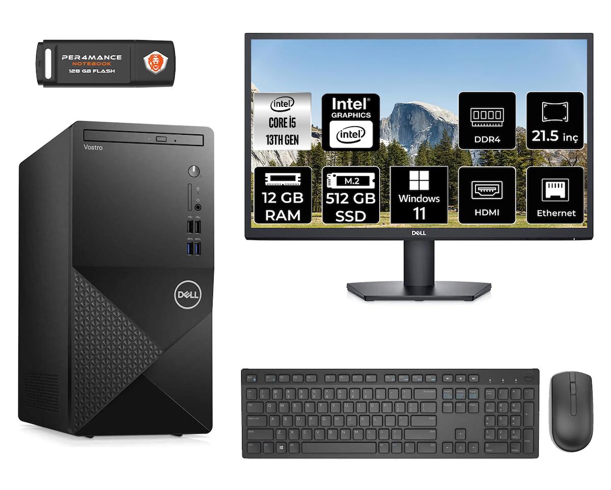 Dell Vostro 3020 MN30201D107 Dahili Intel UHD Graphics 730 Intel Core i5 13400 12 GB Ram 512 GB SSD Tower Windows 11 Pro 21.5 inç Monitörlü Masaüstü Bilgisayar