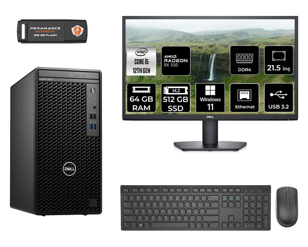 Dell Optiplex 3000 MNO3000D297 Dahili Intel UHD Graphics 770 Intel Core i5 12500 64 GB Ram 512 GB SSD Tower Windows 11 Pro 21.5 inç Monitörlü Masaüstü Bilgisayar