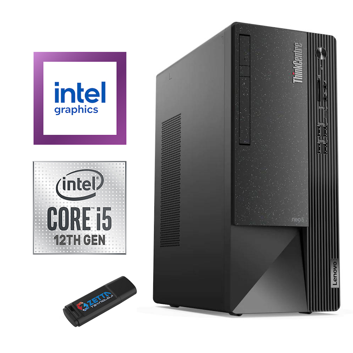 Lenovo Thinkcentre Neo 50T Gen 4 12JB005DTR06 Dahili Intel UHD Graphics 730 Intel Core i5 12400 16 GB Ram 256 GB SSD Tower FreeDos Masaüstü Bilgisayar + Zetta Flash Bellek