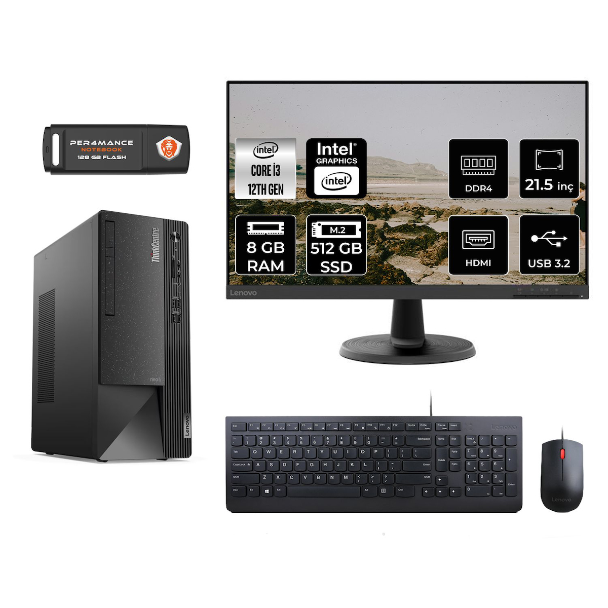 Lenovo Thinkcentre Neo 50T M01ATXD002 Dahili Intel UHD Graphics 730 Intel Core i3 12100 8 GB Ram 512 GB SSD Tower FreeDos 21.5 inç Monitörlü Masaüstü Bilgisayar