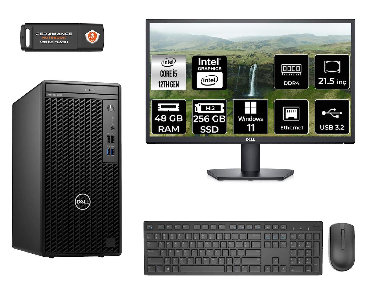 Dell Optiplex 3000 MNO3000D091 Dahili Intel UHD Graphics 770 Intel Core i5 12500 48 GB Ram 256 GB SSD Tower Windows 11 Home 21.5 inç Monitörlü Masaüstü Bilgisayar