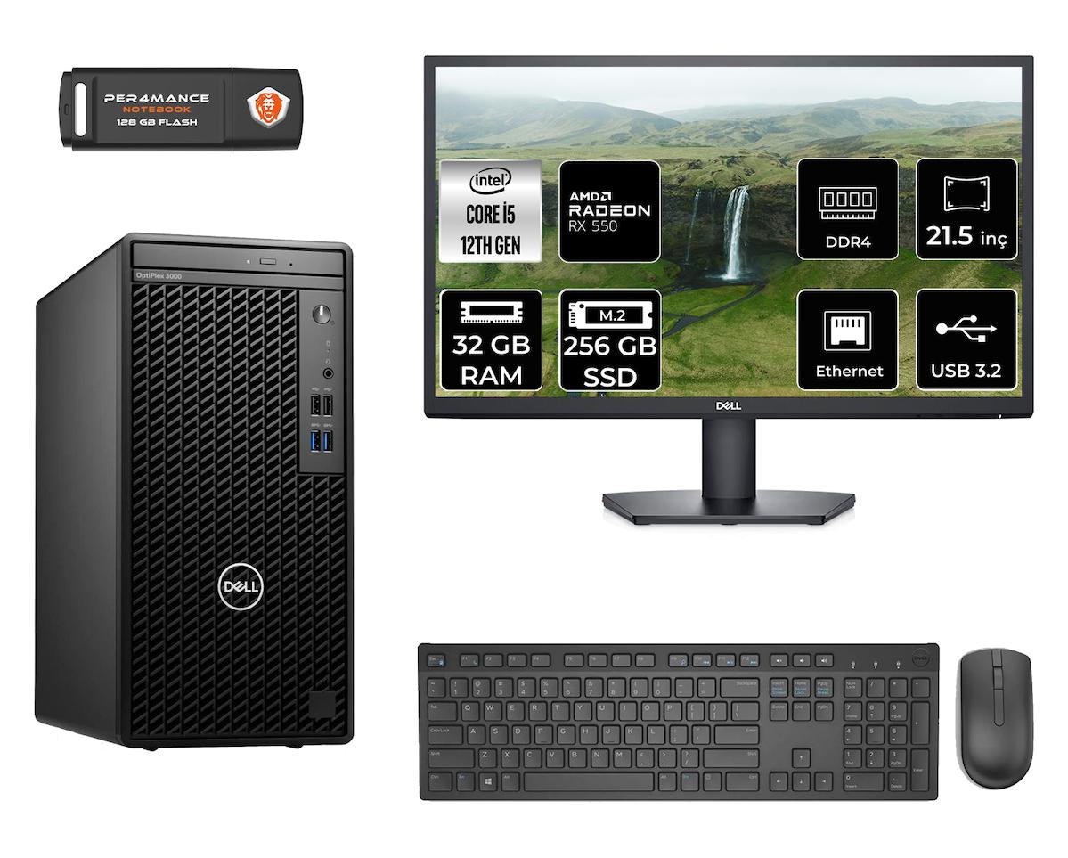 Dell Optiplex 3000 MNO3000D176 Dahili Intel UHD Graphics 770 Intel Core i5 12500 32 GB Ram 256 GB SSD Tower FreeDos 21.5 inç Monitörlü Masaüstü Bilgisayar