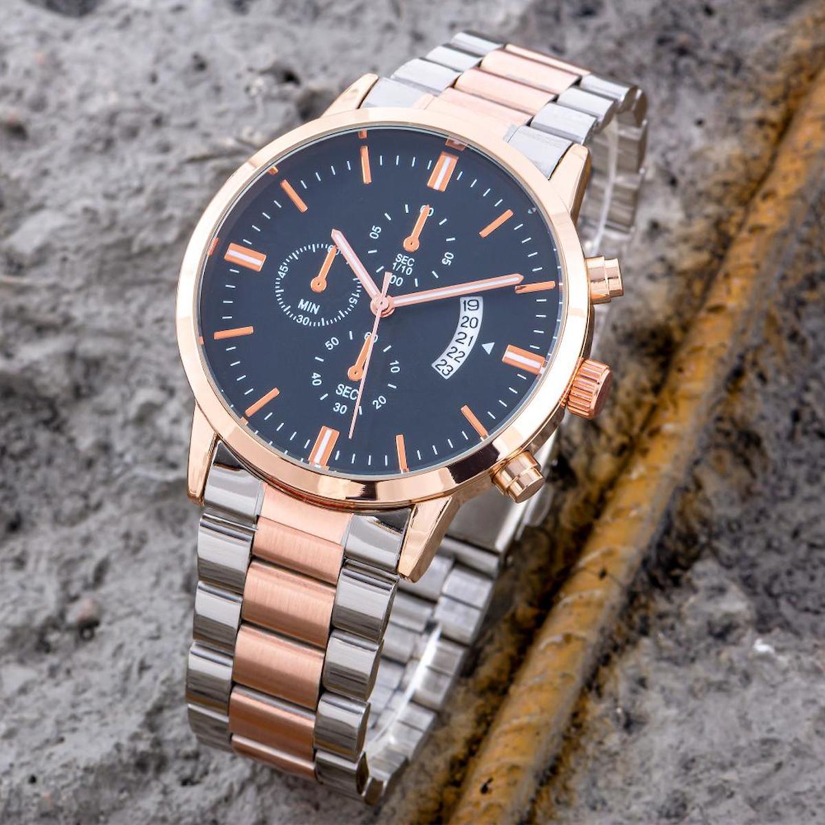 Saattino ST-304287 Takvimli 44 mm Gri-Rose Gold Çelik Kordon Analog Erkek Kol Saati