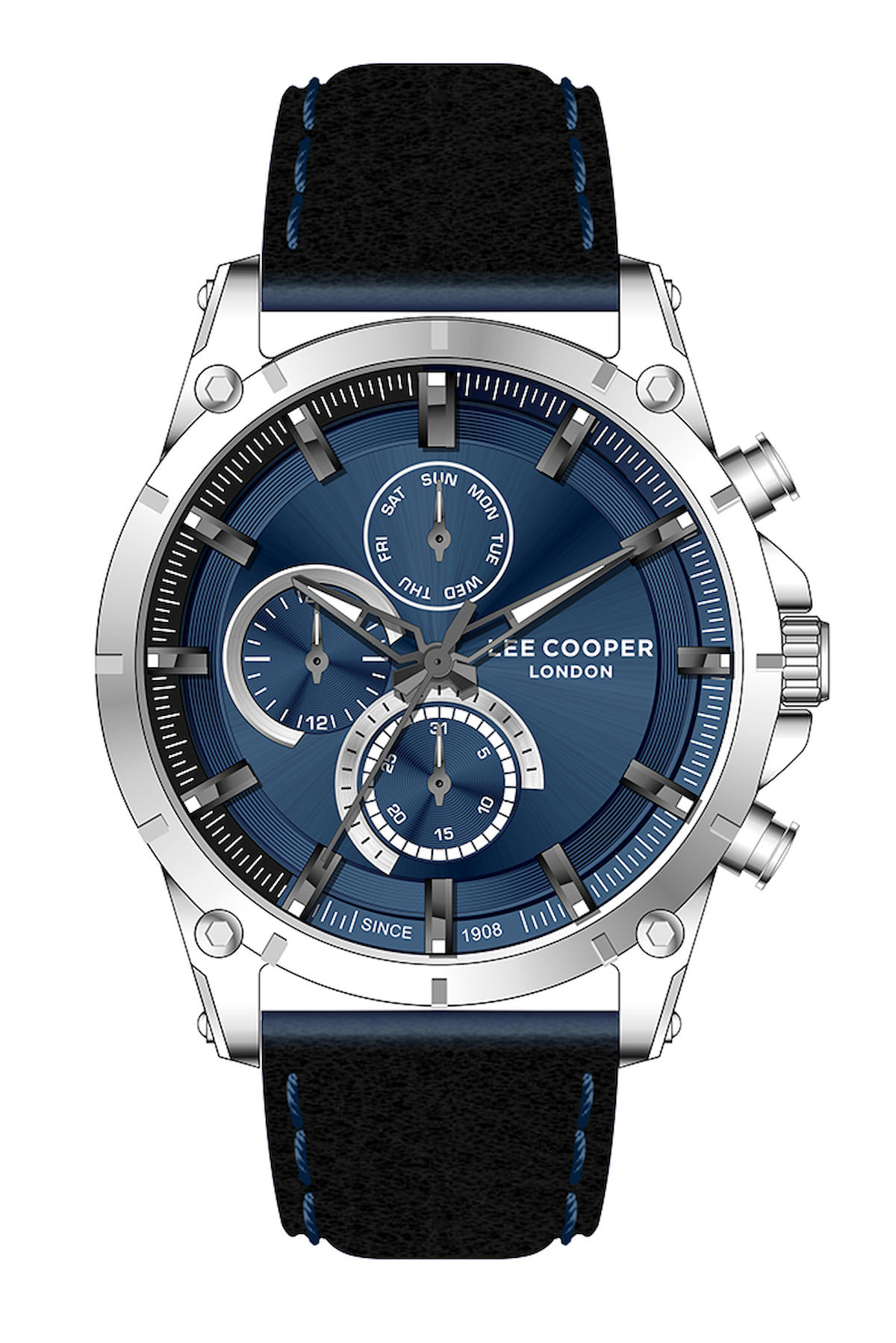 Lee Cooper LC07531.099-NM Takvimli 44 mm Siyah Deri Kordon Analog Kol Saati