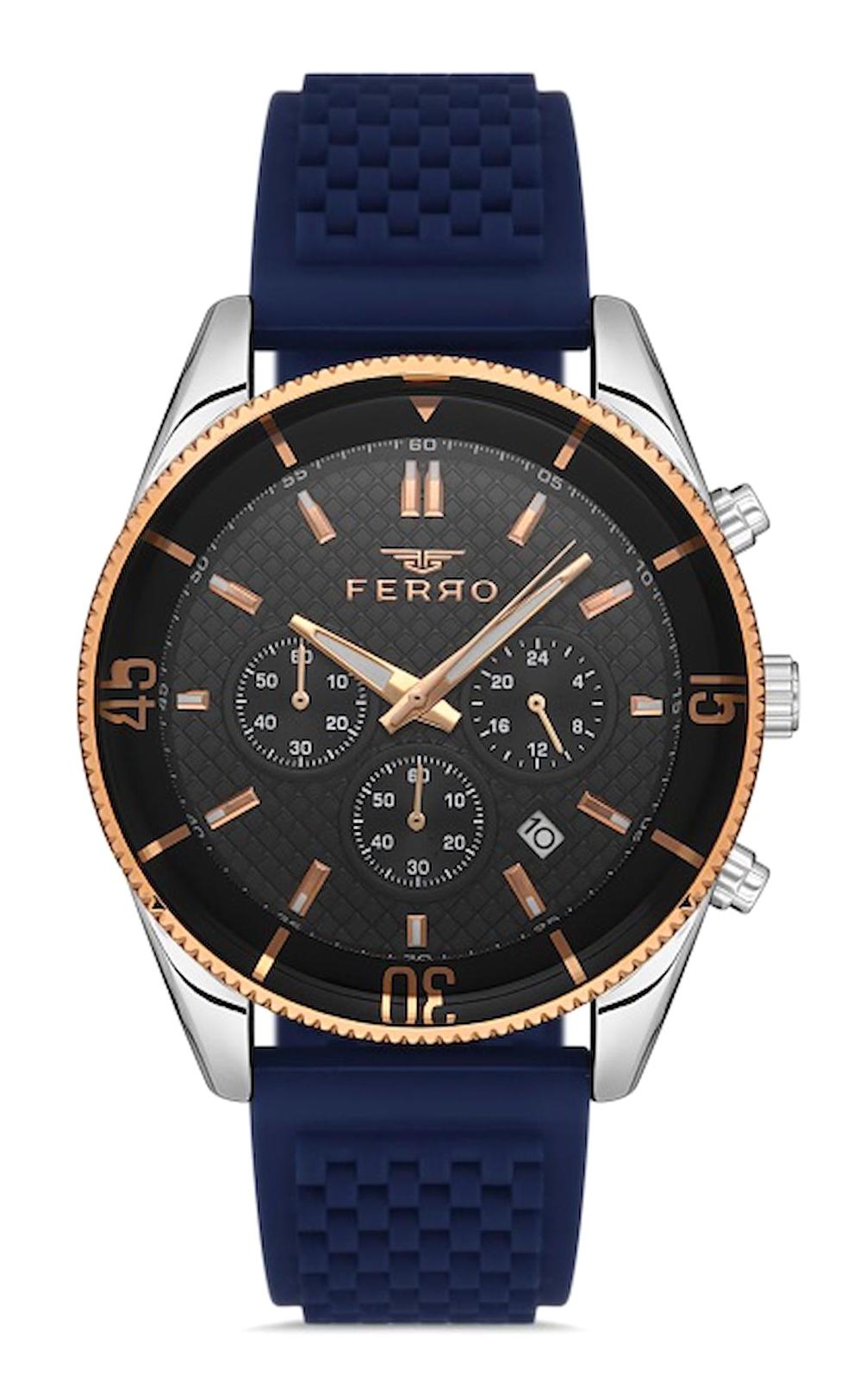 Ferro FM31920D-L Takvimli 44 mm Lacivert Silikon Kordon Analog Erkek Kol Saati