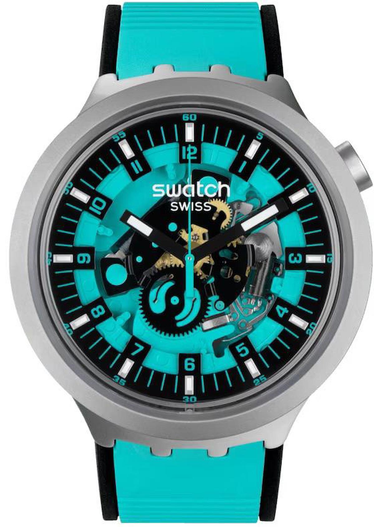 Swatch SB07S111 Takvimli 42 mm Turkuaz-Siyah Silikon Kordon Analog Erkek Kol Saati