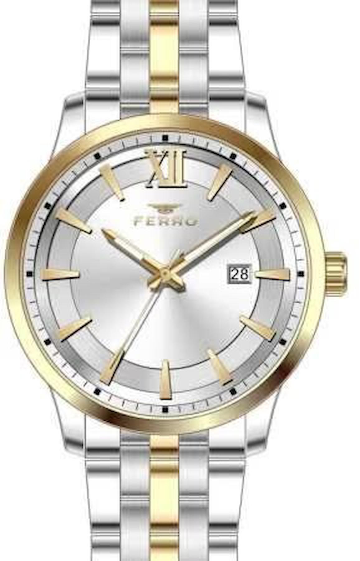 Ferro TH-F11220A-D Takvimli 44 mm Altın-Çelik Kordon Analog Erkek Kol Saati