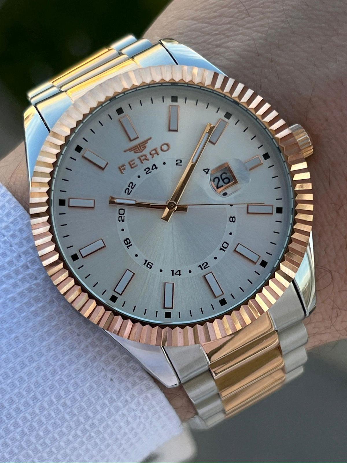 Ferro EFM11288-E Su Geçirmez Takvimli 44 mm Gri-Rose Gold Çelik Kordon Analog Erkek Kol Saati