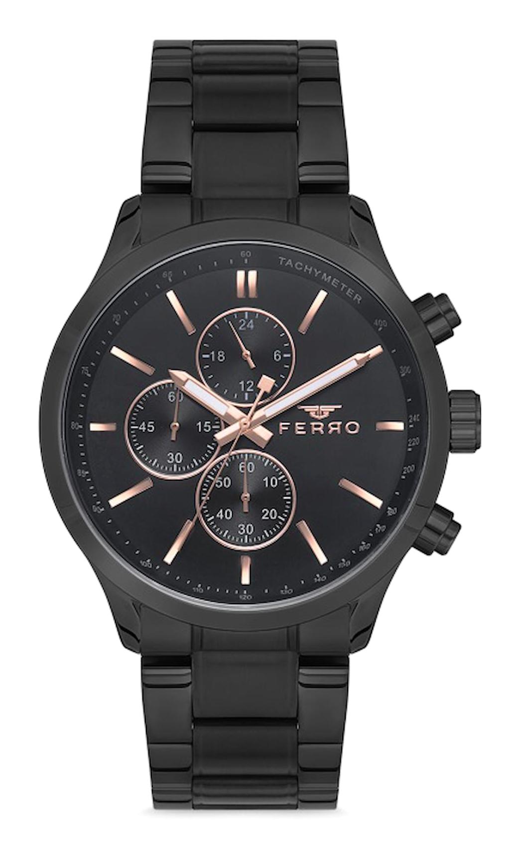 Ferro FM11031A-G Takvimli 44 mm Siyah Metal Kordon Analog Erkek Kol Saati