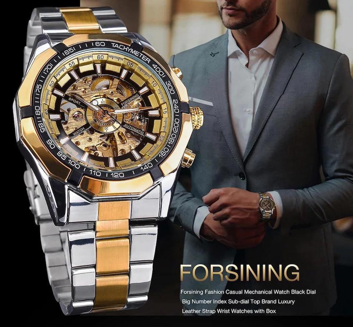 Forsining FRSNG03 45 mm Altın-Çelik Kordon Analog Erkek Kol Saati