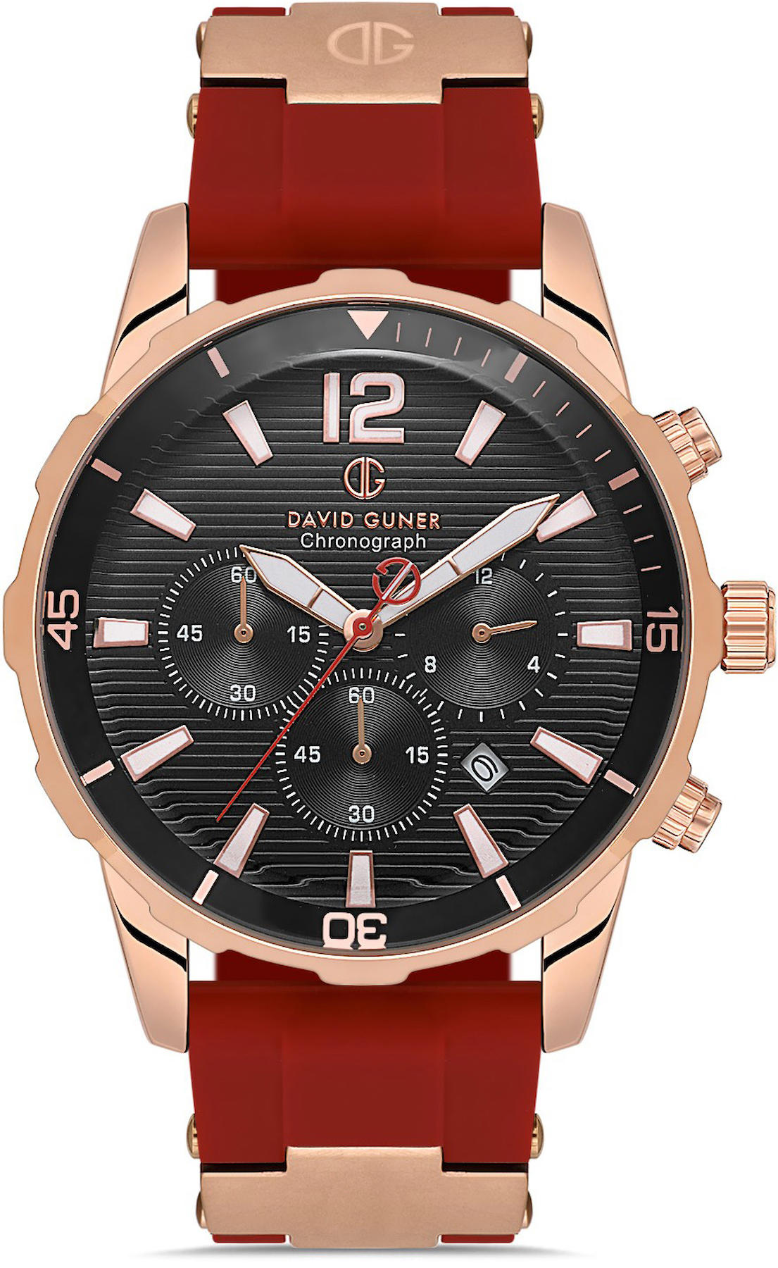 David Guner DG-8456GD-ZT2 Takvimli 42 mm Kırmızı Silikon Kordon Analog Kol Saati