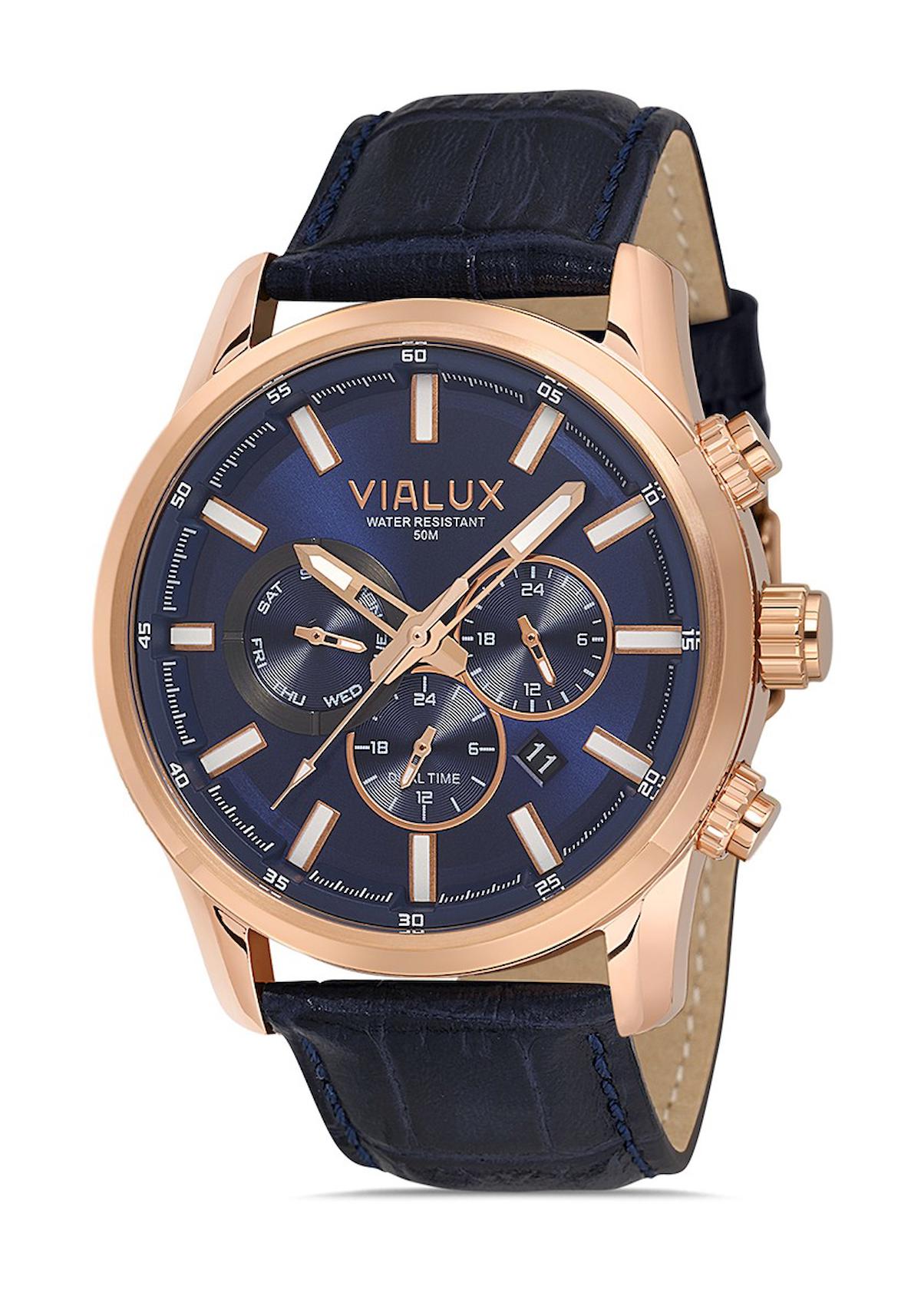 Vialux VX577R-11NR Takvimli 45 mm Lacivert Deri Kordon Analog Erkek Kol Saati