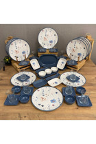 Demet Çeyiz Blue Flowers Yuvarlak Desenli 53 Parça 12 Kişilik Stoneware Kahvaltı Takımı Mavi