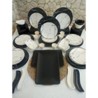 Keramika Oval-Yuvarlak Desenli 52 Parça 12 Kişilik Seramik Kahvaltı Takımı Beyaz-Siyah