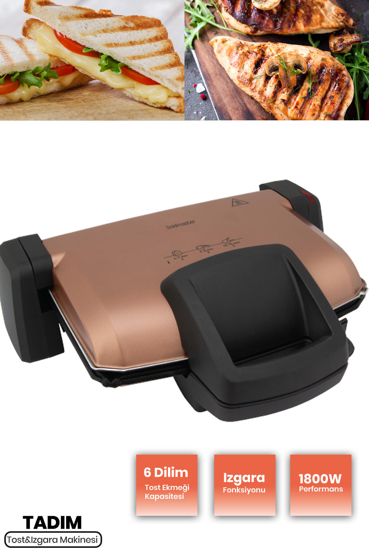 Goldmaster Tadım 6 Dilim Teflon Çıkarılabilir Plaka 1800 W Izgara Rose Gold Tost Makinesi