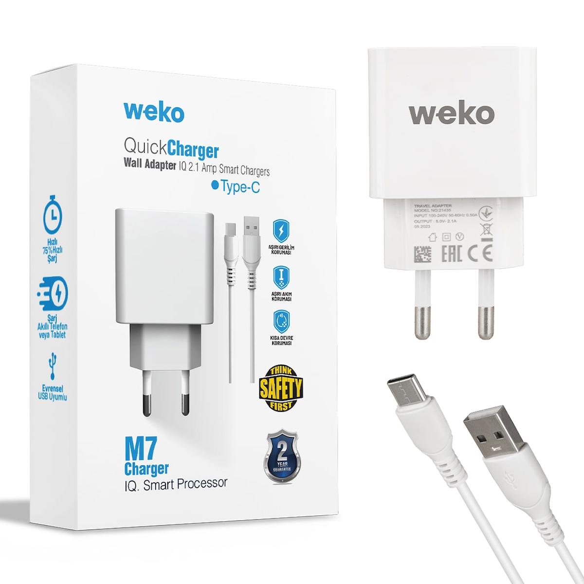 Weko WK-21435 Universal Type-C Kablolu 2.1 Amper Hızlı Şarj Aleti Beyaz