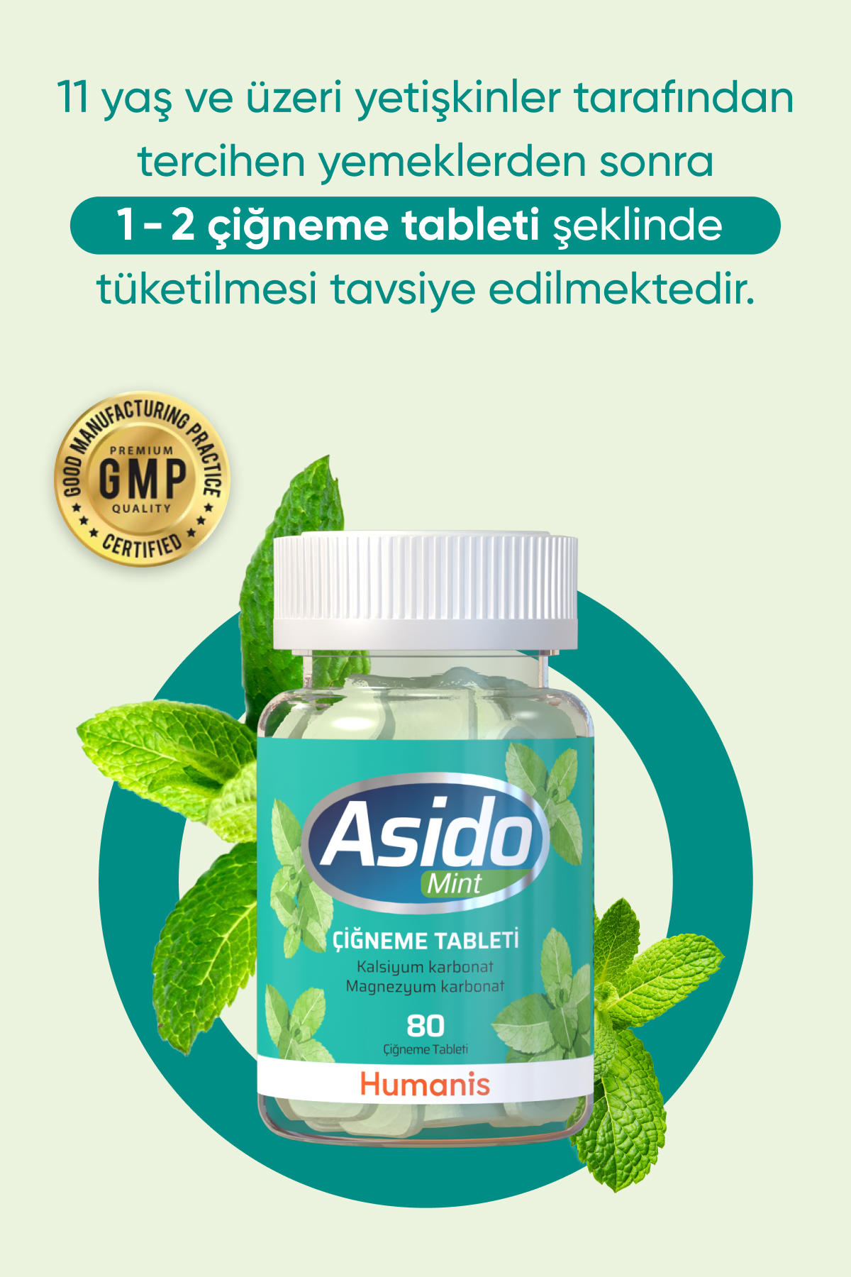 Asido Mint Aromalı Yetişkin Bitkisel Besin Desteği 80 Tablet