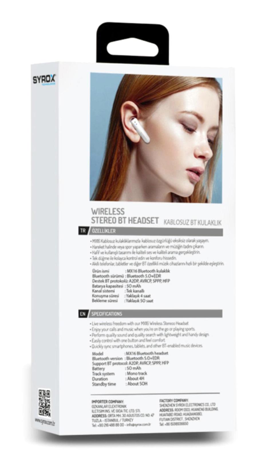 Syrox MX16 5.0 Kablosuz Kulak İçi Bluetooth Kulaklık Beyaz