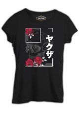 Lord T-Shirt Japanese Quote And Flowers Over A Skull Siyah Kadın T-Shirt 001 Siyah L