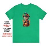 T-Shirt Cin / Cadı Kedi Baskılı Yeşil Renk T-Shirt M
