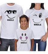 Tisho Smile Aile T-Shirt Kombini Anne Baba Oğul Kısa Kol Beyaz Standart Erkek Beden 4Xl Kadın Beden 4Xl Çocuk Beden 12 13 Yaş